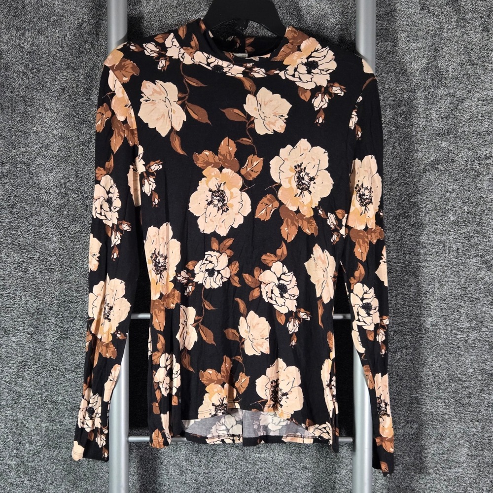 Venus Womens Mock Neck Long Sleeve Floral Top Black Tan Cutout Back Large